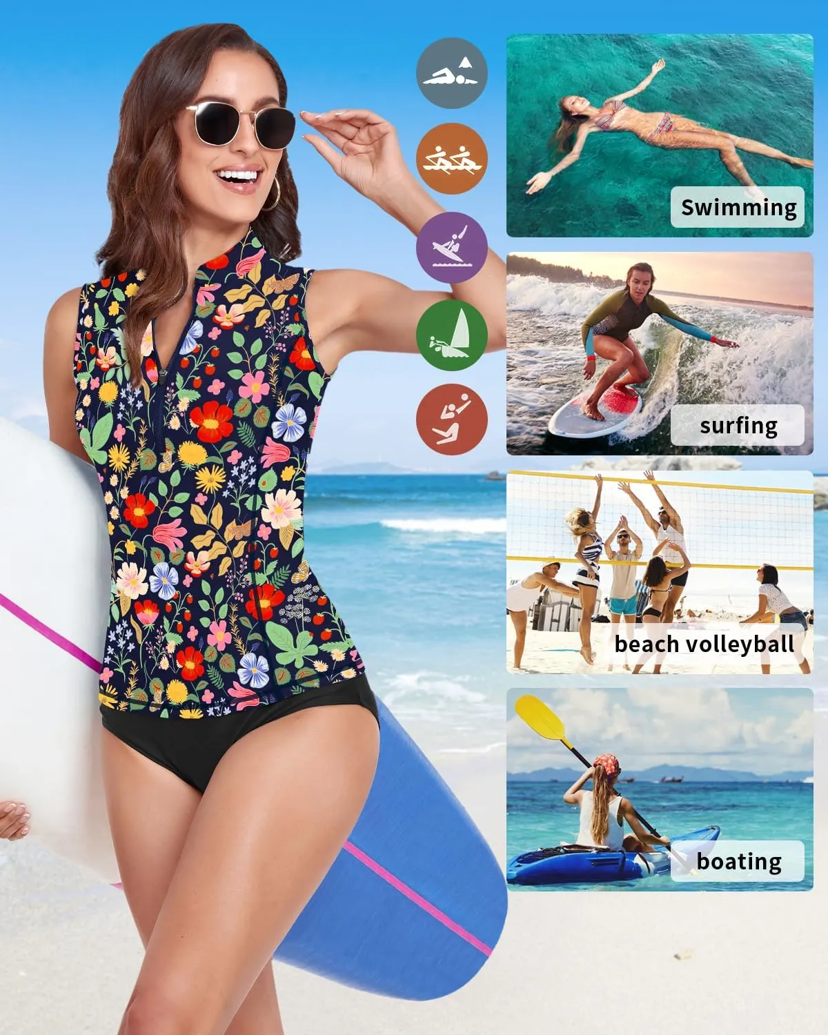WOWENY Women Rash Guard Sleeveless Swim Shirts UPF 50 Sun Protection Swimsuit Tops Bathing Suit Top No Bottom