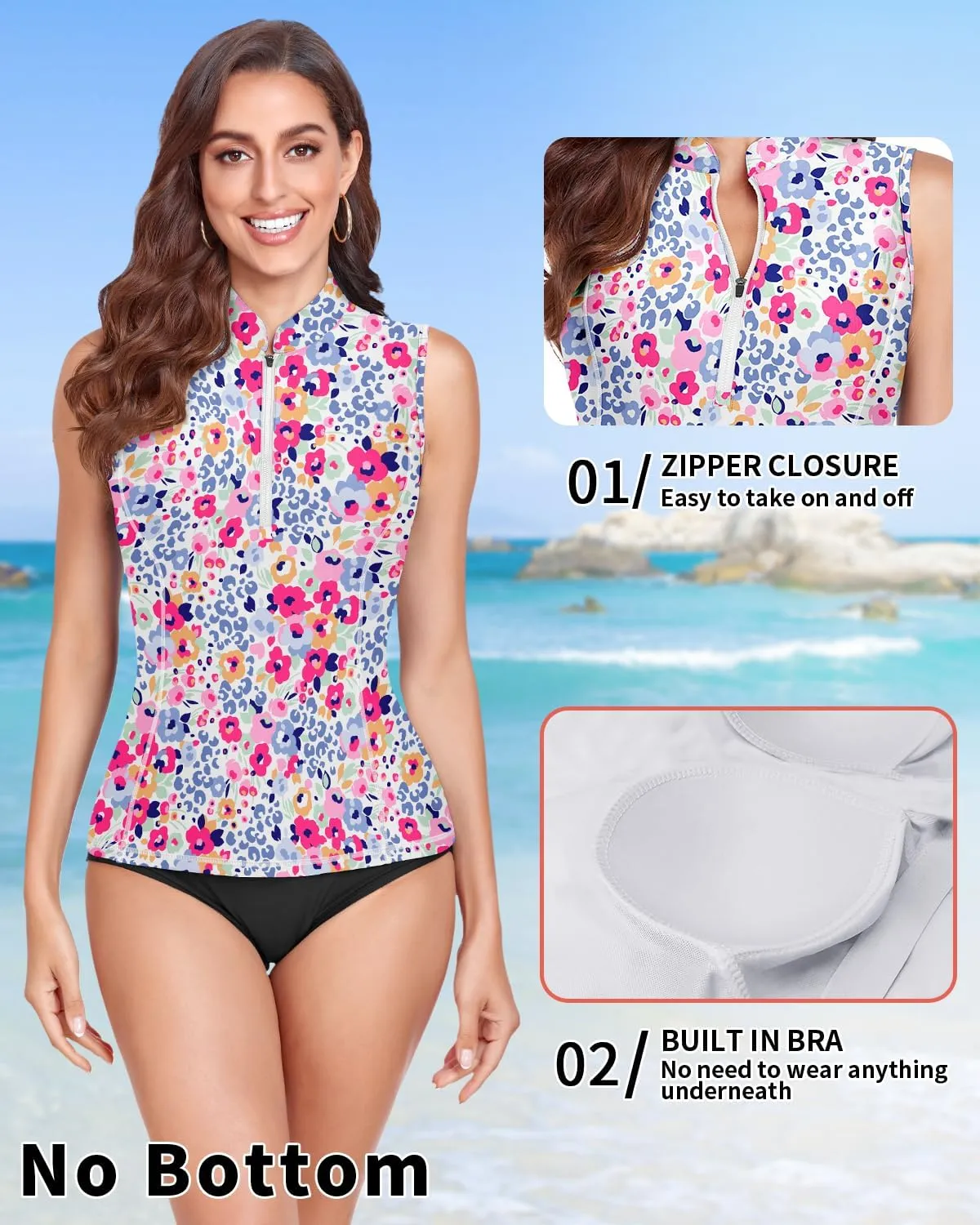 WOWENY Women Rash Guard Sleeveless Swim Shirts UPF 50 Sun Protection Swimsuit Tops Bathing Suit Top No Bottom