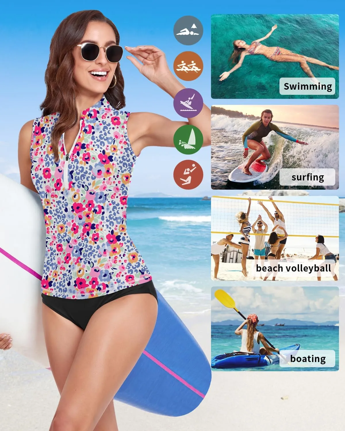 WOWENY Women Rash Guard Sleeveless Swim Shirts UPF 50 Sun Protection Swimsuit Tops Bathing Suit Top No Bottom