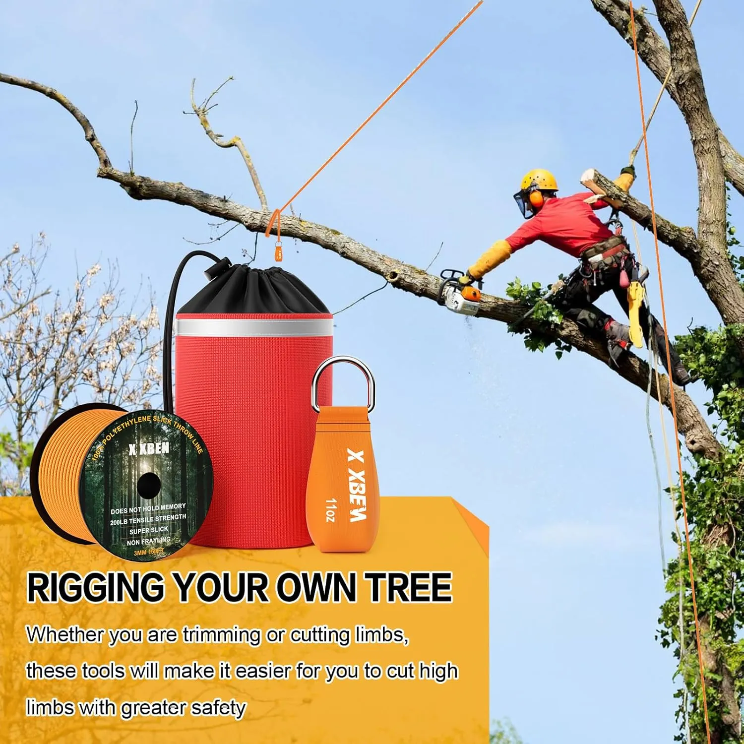 XBEN Arborist Throw Line Kit – 150ft Slick Rope & 9/11/15oz Throw Weight – Reflective Storage Bag – for Tree Climbing, Trimming, Camping – High/Low Limb Rigging – 200LB Tensile Strength
