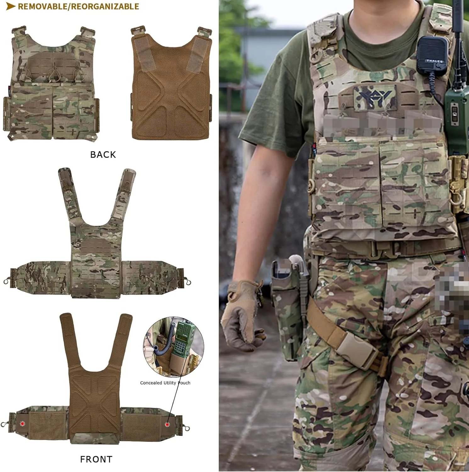 YAKEDA Tactical Weighted Vest With Quick Release Buckle Airsoft Outdoor Vest Back Ziiper Combination with Backpack