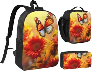 Yellow Sunflowers with Red Butterfly3 print Backpack 3pcs Set Including 17 Inch Large BookBag With Lunch Bag And Practical Pen Bag