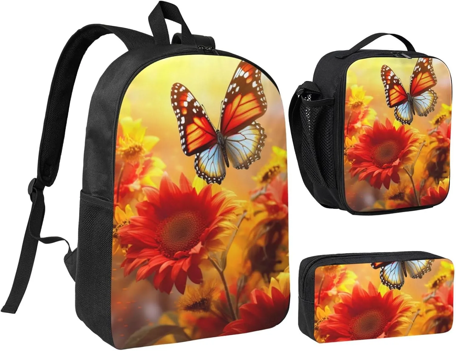Yellow Sunflowers with Red Butterfly3 print Backpack 3pcs Set Including 17 Inch Large BookBag With Lunch Bag And Practical Pen Bag