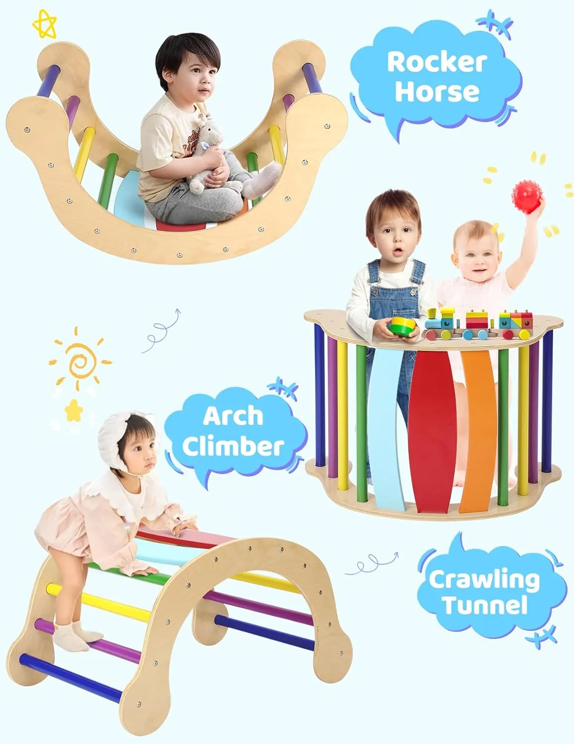 YOLEO Large 7-in-1 Pikler Triangle Set with Adjustable Height, Montessori Toddler Climbing Toys Indoor with Sturdy Base, Easy-Fold Pickler climbing Set and Wooden Indoor Playground Jungle Gym for Kids