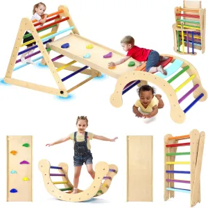 YOLEO Large 7-in-1 Pikler Triangle Set with Adjustable Height, Montessori Toddler Climbing Toys Indoor with Sturdy Base, Easy-Fold Pickler climbing Set and Wooden Indoor Playground Jungle Gym for Kids
