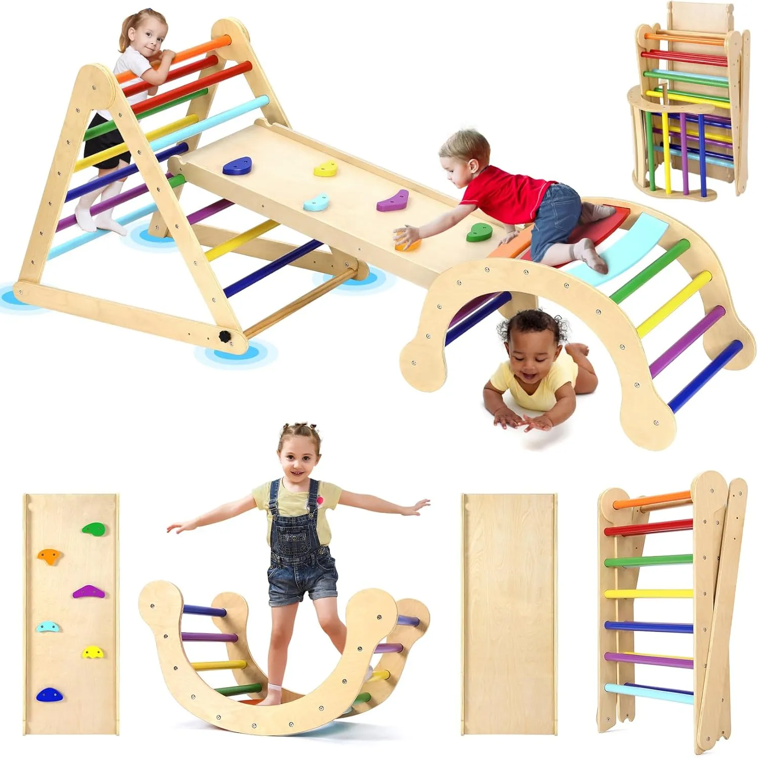 YOLEO Large 7-in-1 Pikler Triangle Set with Adjustable Height, Montessori Toddler Climbing Toys Indoor with Sturdy Base, Easy-Fold Pickler climbing Set and Wooden Indoor Playground Jungle Gym for Kids