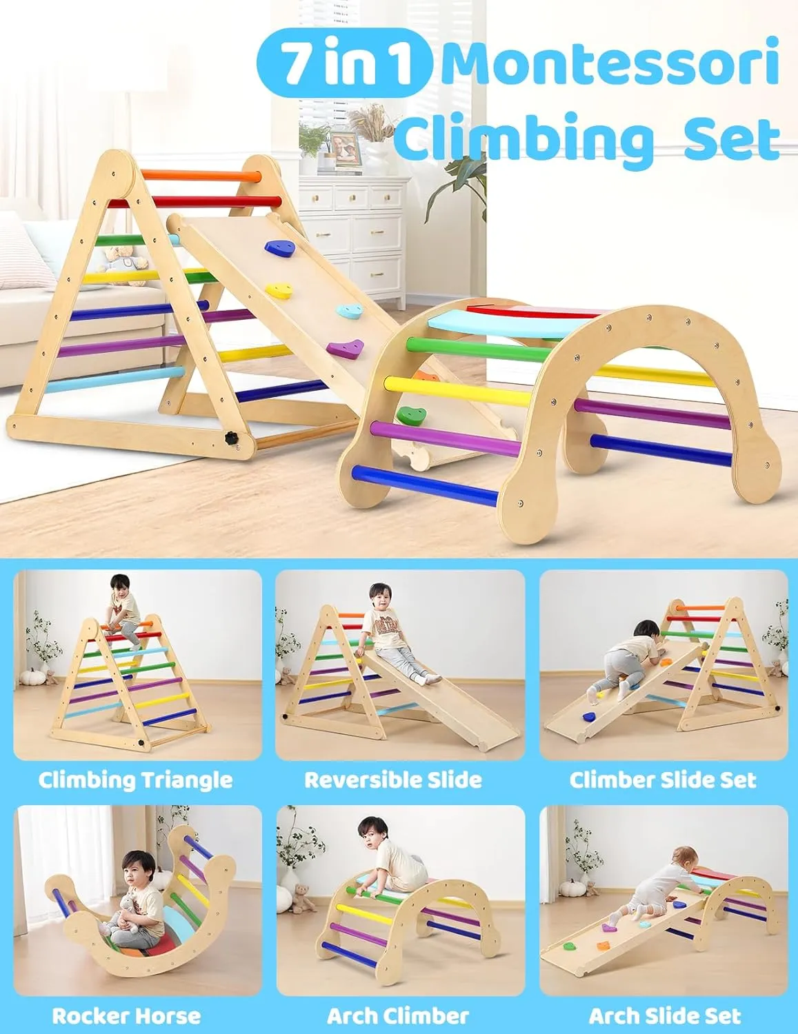 YOLEO Large 7-in-1 Pikler Triangle Set with Adjustable Height, Montessori Toddler Climbing Toys Indoor with Sturdy Base, Easy-Fold Pickler climbing Set and Wooden Indoor Playground Jungle Gym for Kids