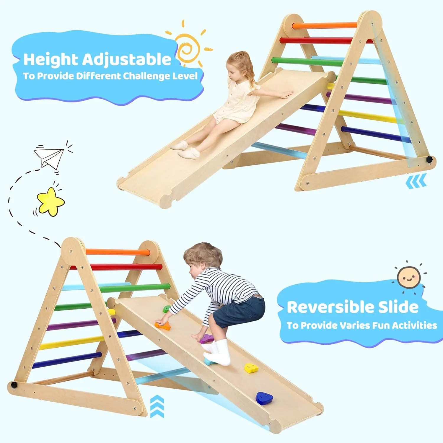 YOLEO Large 7-in-1 Pikler Triangle Set with Adjustable Height, Montessori Toddler Climbing Toys Indoor with Sturdy Base, Easy-Fold Pickler climbing Set and Wooden Indoor Playground Jungle Gym for Kids
