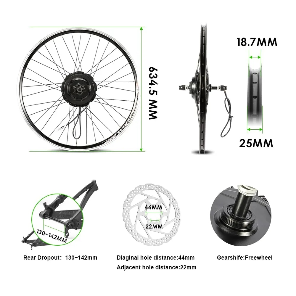 Yose Power 48V 500W 28 Inch Waterproof Ebike Conversion Kit for Freewheel 28" Electric Bike Rear Wheel, Electric Bicycle Hub Motor Kit, LED Display, Installation Tool Without Battery