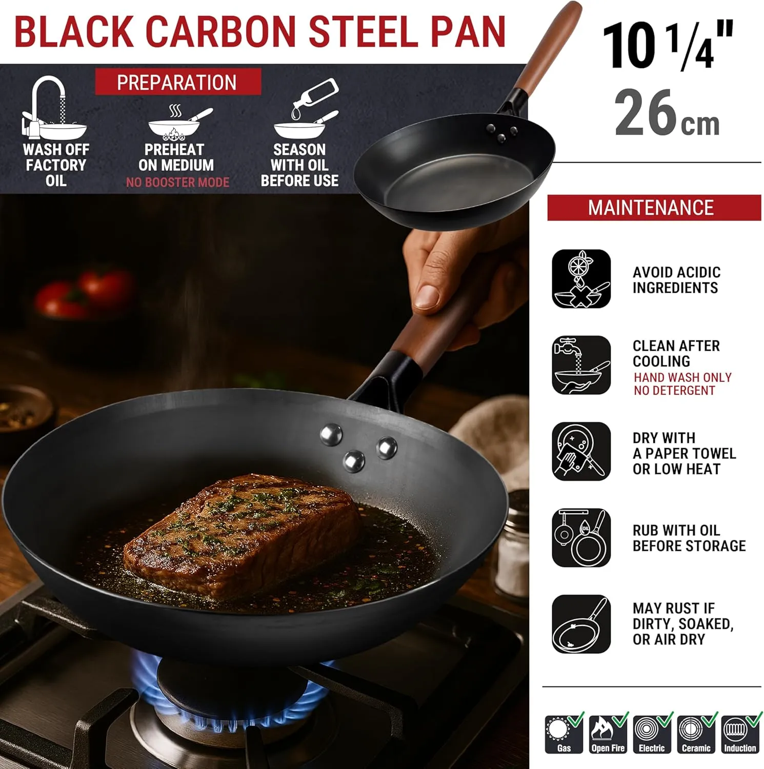 YOSUKATA Coating-Free Carbon Steel Pan - Durable 10 1/4 Inch Frying Pans for Cooking Delicious Meals - Carbon Steel Skillet with Removable Heat-Resistant Wooden Handle - Fry Pan