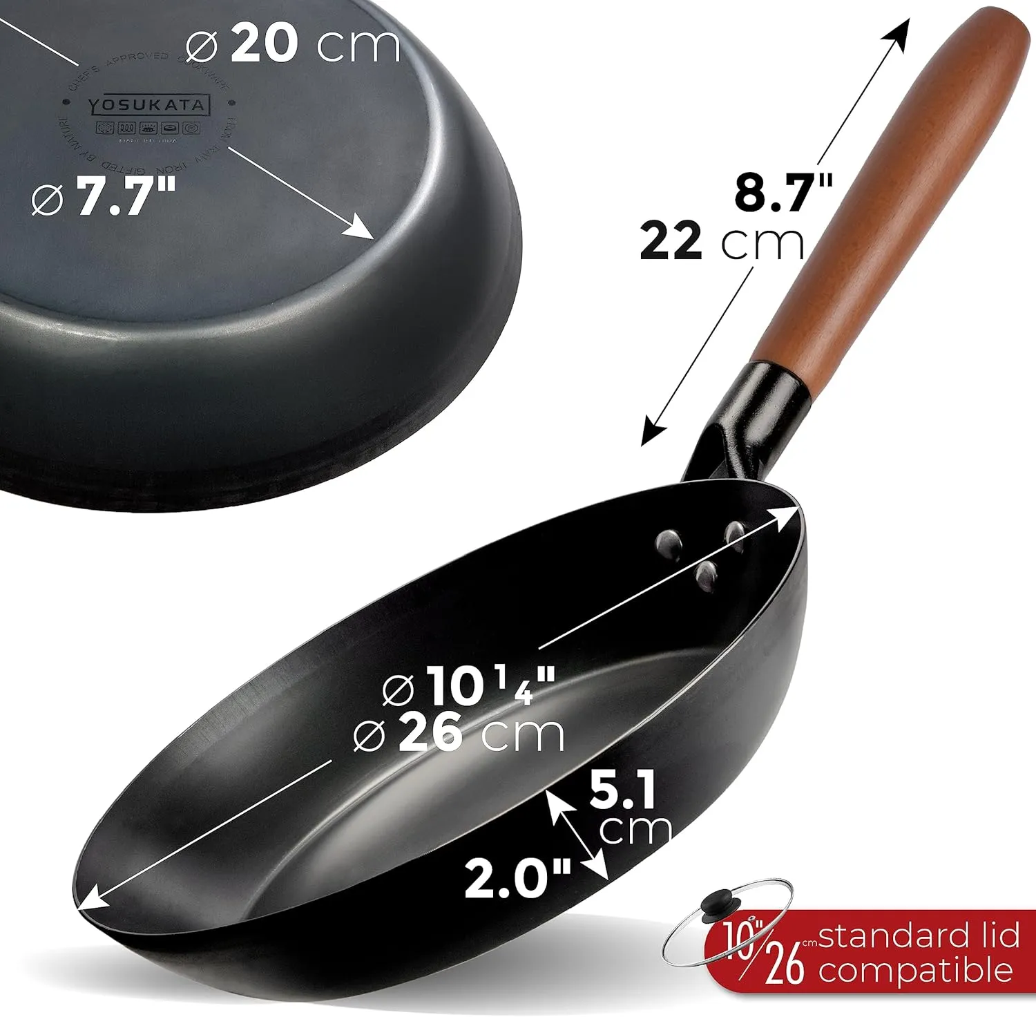 YOSUKATA Coating-Free Carbon Steel Pan - Durable 10 1/4 Inch Frying Pans for Cooking Delicious Meals - Carbon Steel Skillet with Removable Heat-Resistant Wooden Handle - Fry Pan