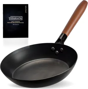 YOSUKATA Coating-Free Carbon Steel Pan - Durable 10 1/4 Inch Frying Pans for Cooking Delicious Meals - Carbon Steel Skillet with Removable Heat-Resistant Wooden Handle - Fry Pan