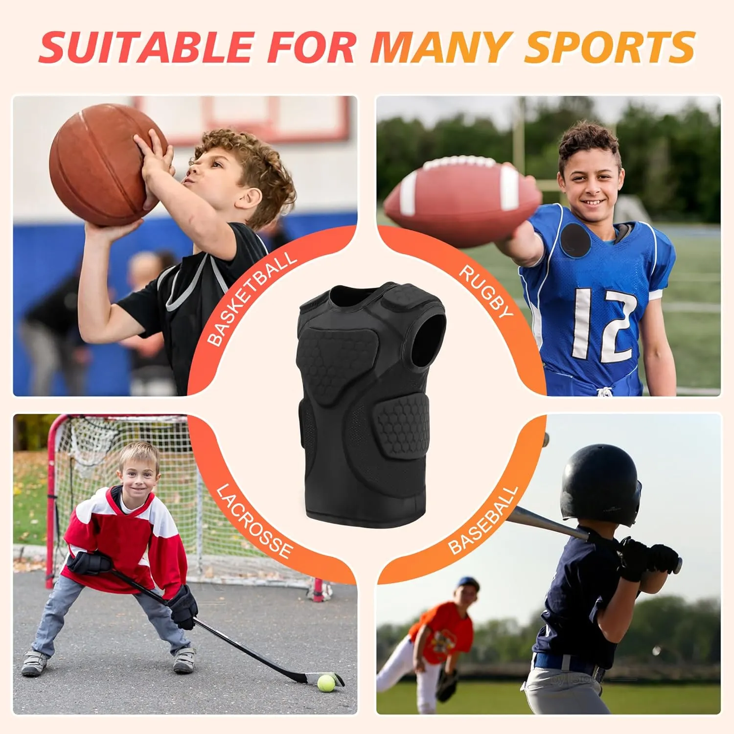 Youth Football Padded Shirt, Chest Rib Protector, Compression Padded Vest with 5-Pad for Sports Paintball Football Baseball Lacrosse