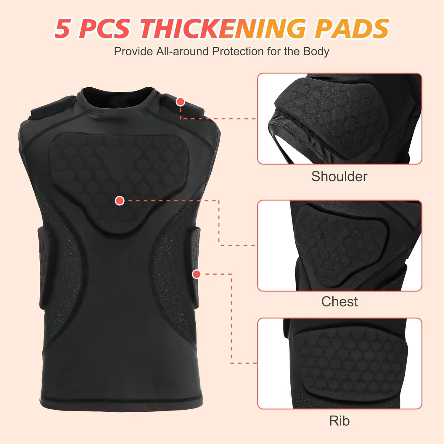 Youth Football Padded Shirt, Chest Rib Protector, Compression Padded Vest with 5-Pad for Sports Paintball Football Baseball Lacrosse