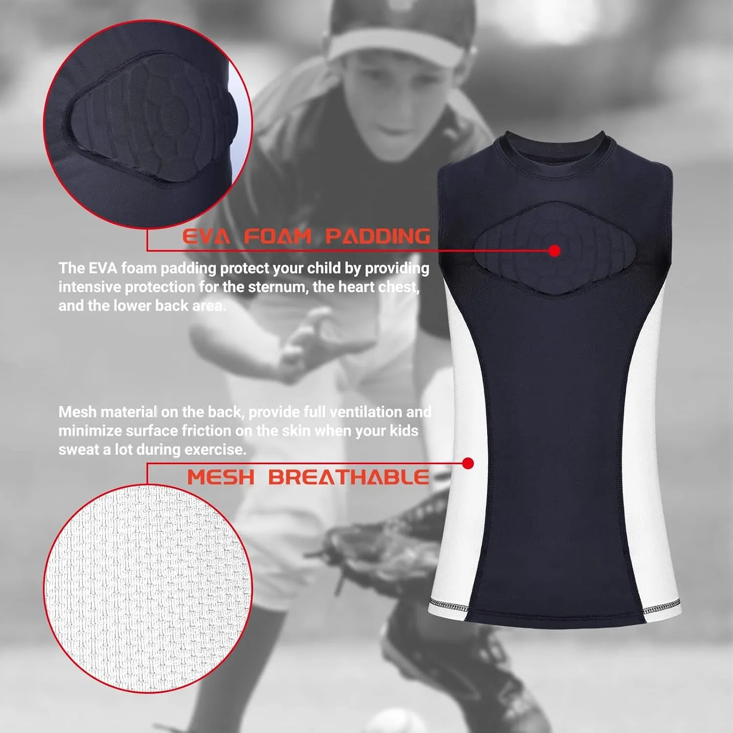 Youth Padded Shirt Football Rib Protector Chest Heart Guard Shirt Kids Boy Girl Vest for Rugby Baseball Softball