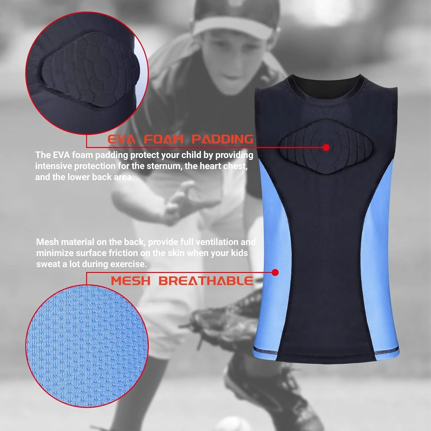 Youth Padded Shirt Football Rib Protector Chest Heart Guard Shirt Kids Boy Girl Vest for Rugby Baseball Softball