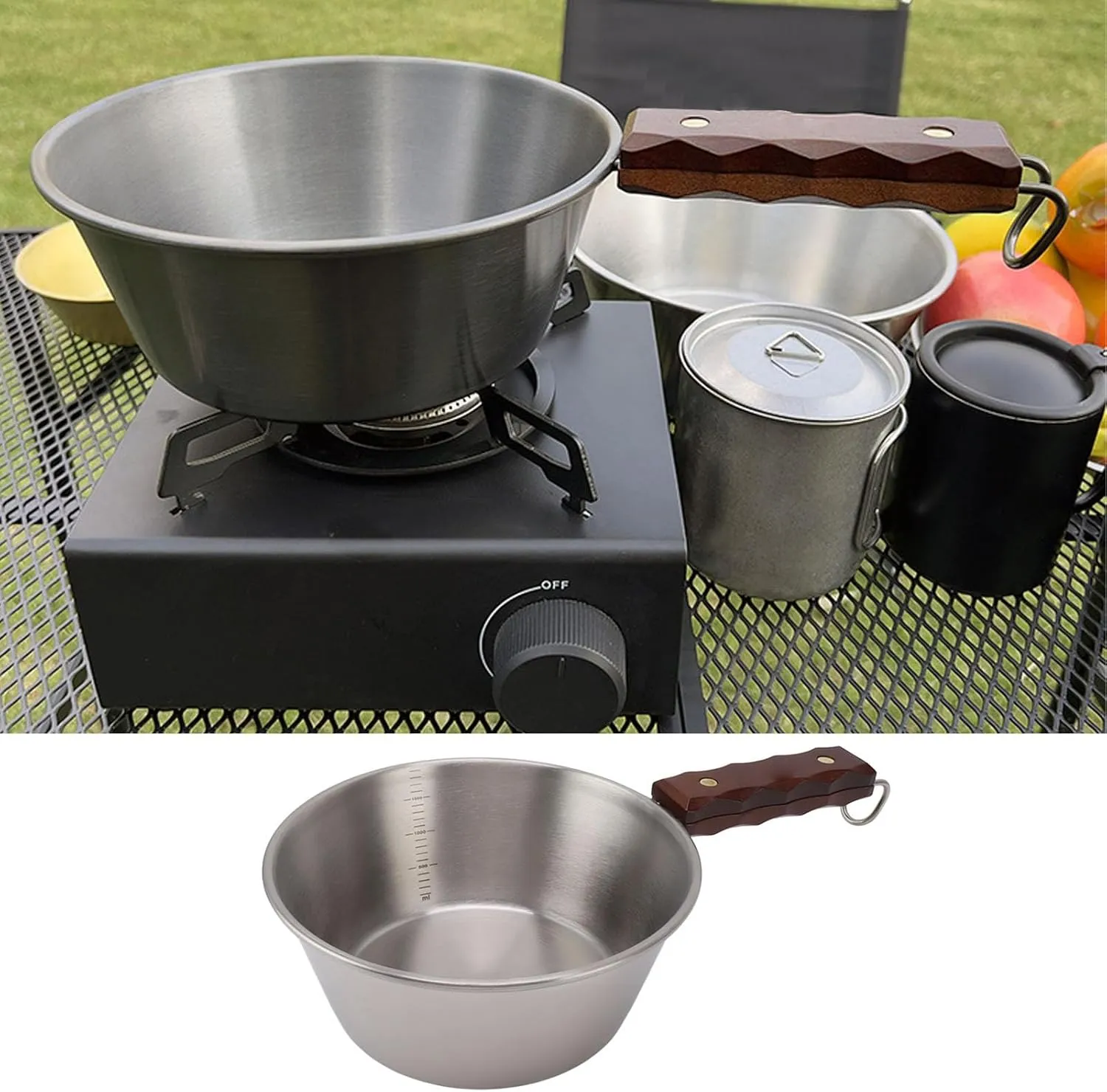 Yunir Camping Cookware Skillet, 2000ML Aluminum Alloy Non Stick Medium Frying Pan with Wood Handle, Safe Portable Camping Cooking Set for Outdoor Hiking Picnic
