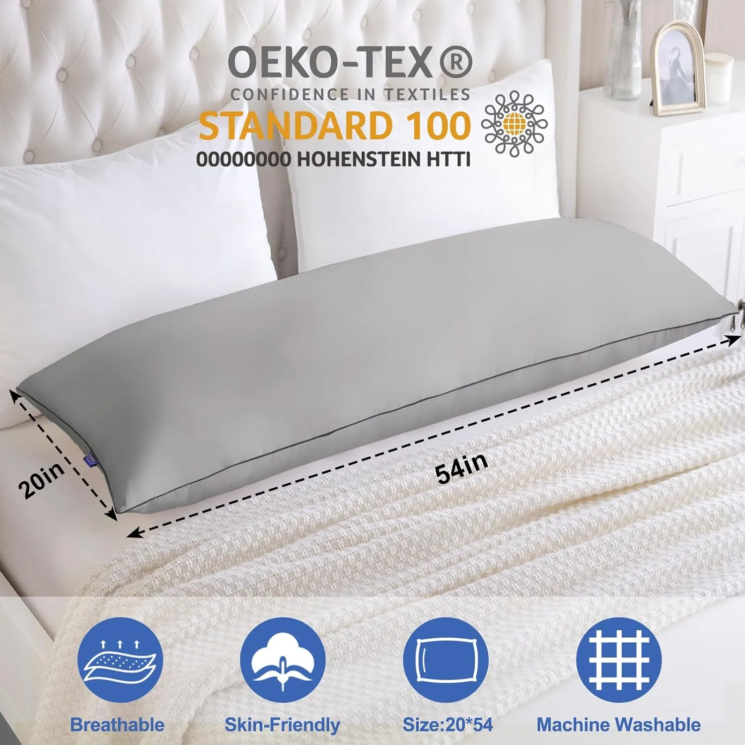 YZ HOME Memory Foam Body Pillow Insert - Full Body Pillow for Adults - Soft Large Long Bed Pillow for Side Sleeper((20x54 Inch, Gray)