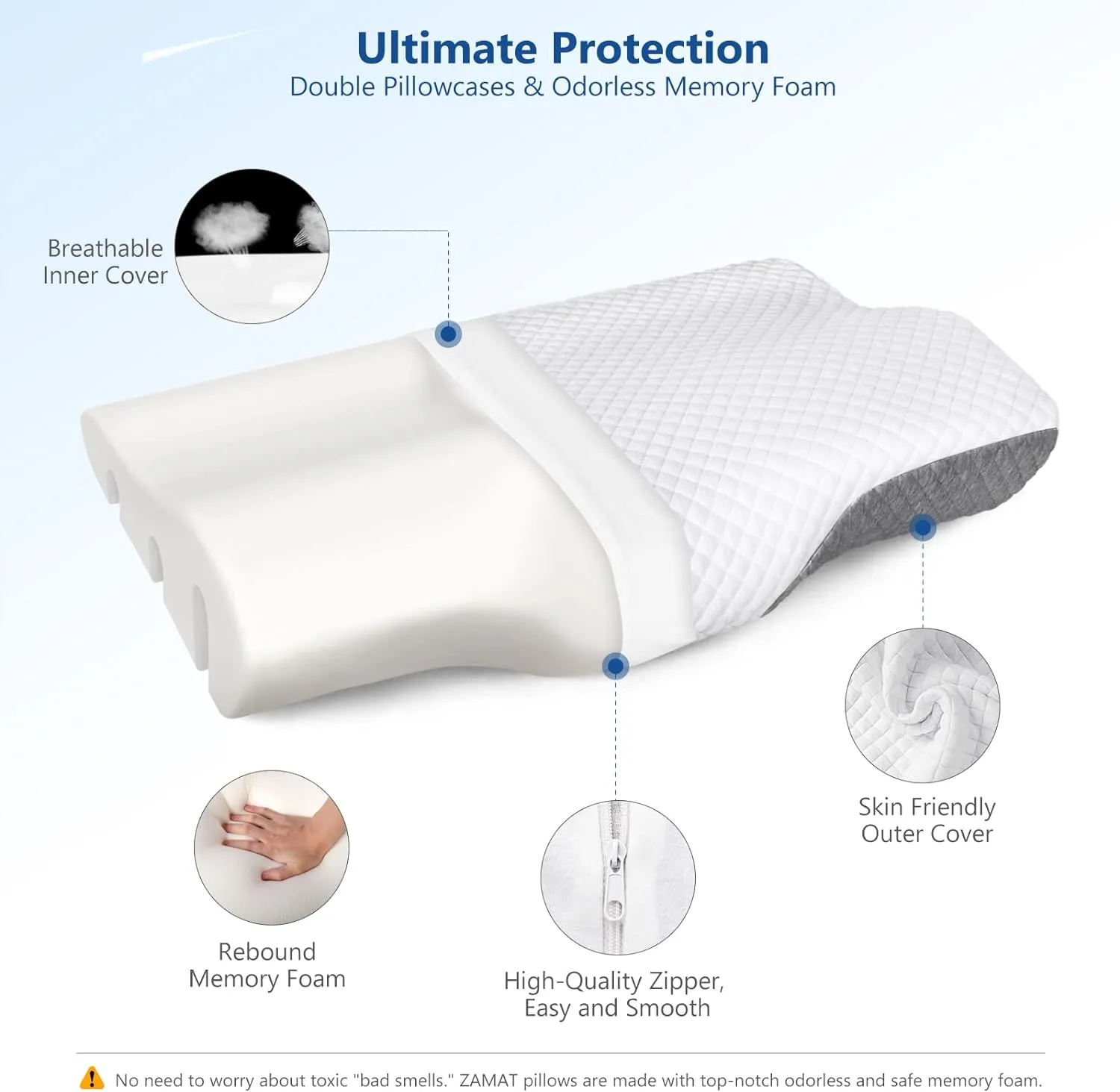 ZAMAT Memory Foam Pillow for Neck Pain Relief, Adjustable Ergonomic Cervical Sleeping, Orthopedic with Washable Cover, Bed Pillows Side, Back, Stomach Sleepers