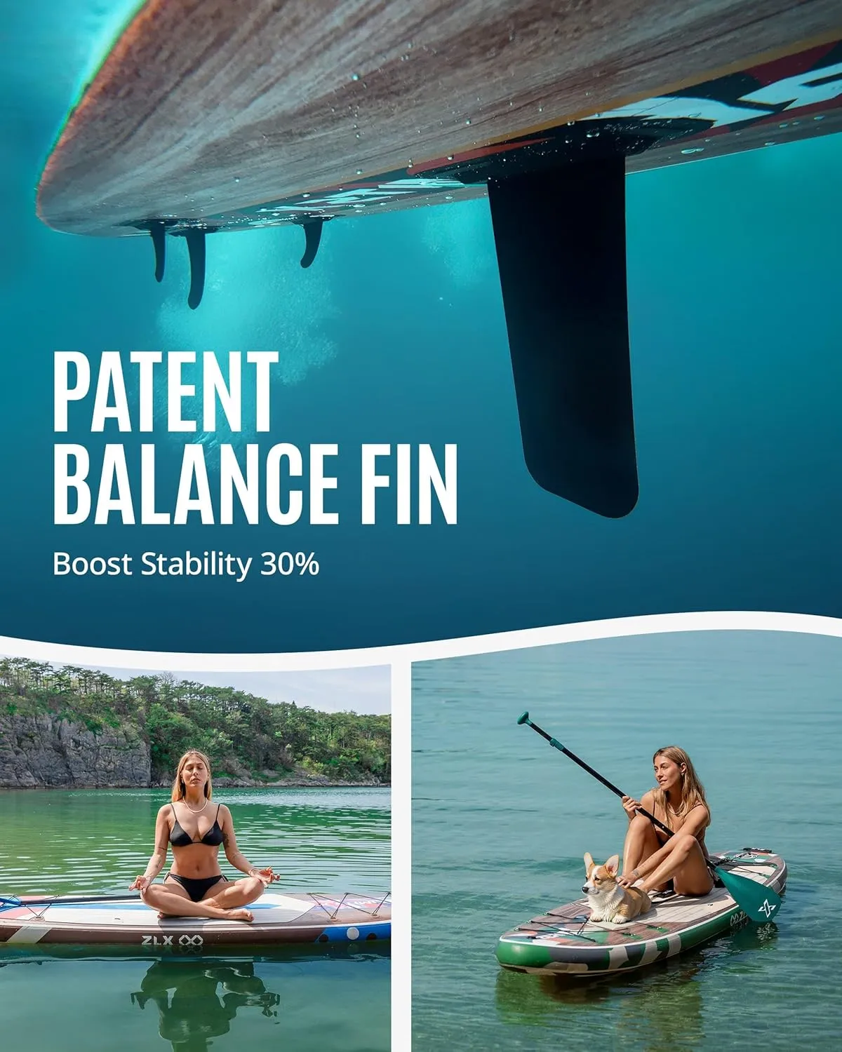 ZLX 10'6" Inflatable Stand Up Paddle Board, Extra Wide Stable Non-Slip Deck Pad, Unique Center Fin, Portable Paddleboard for Adults, Premium SUP for All Skill Levels