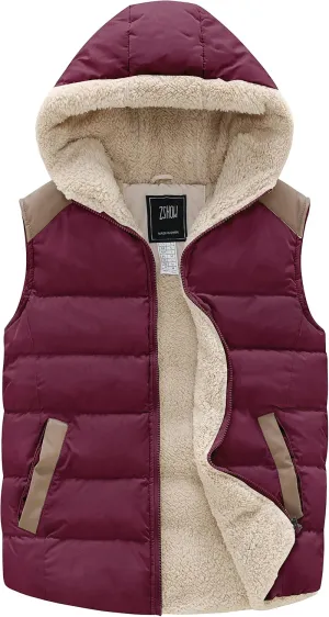 ZSHOW Women's Outerwear Vest Casual Thicken Qulited Winter Puffer Vest Hooded Warm Fleece Jacket