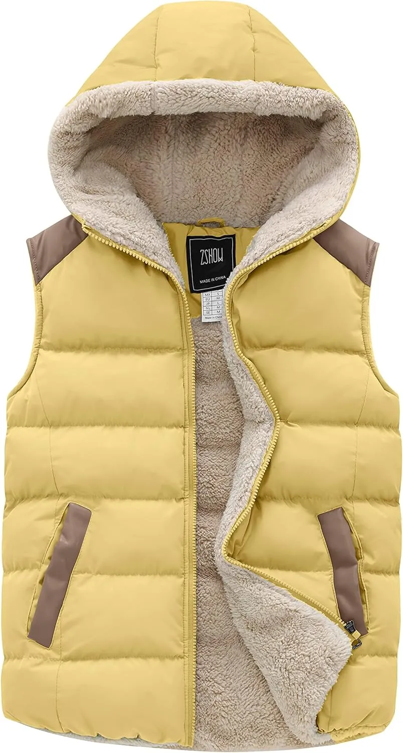 ZSHOW Women's Outerwear Vest Casual Thicken Qulited Winter Puffer Vest Hooded Warm Fleece Jacket