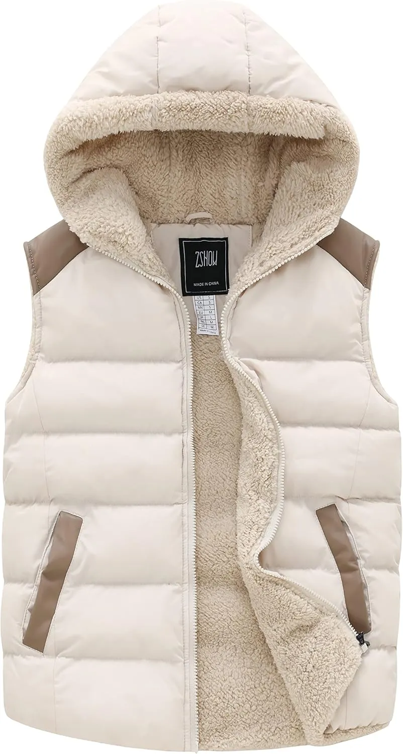 ZSHOW Women's Outerwear Vest Casual Thicken Qulited Winter Puffer Vest Hooded Warm Fleece Jacket