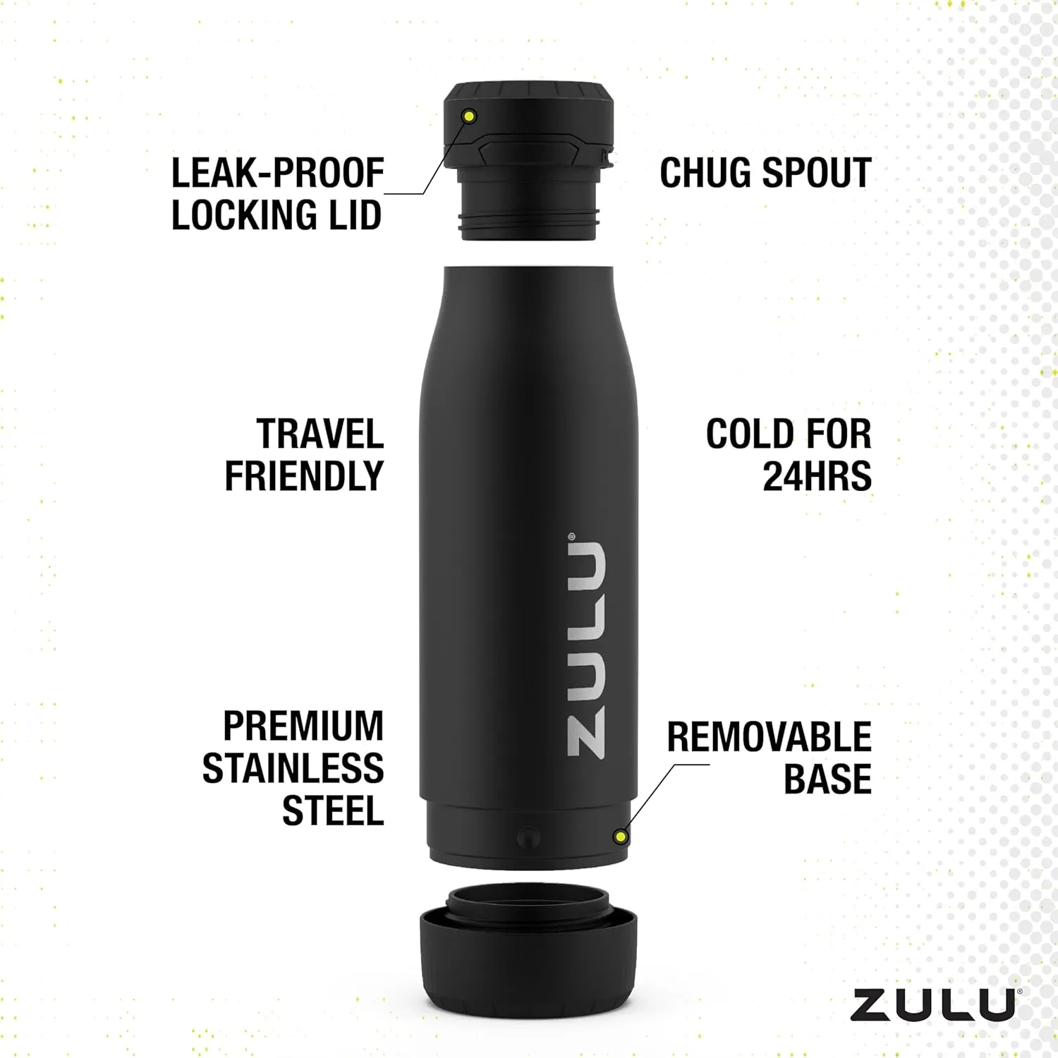 ZULU Ace Vacuum Insulated Stainless Steel Water Bottle with Chug Spout, Leak-Proof Locking Lid and Removable Base for School, Backpack, Sports, Gym, Travel